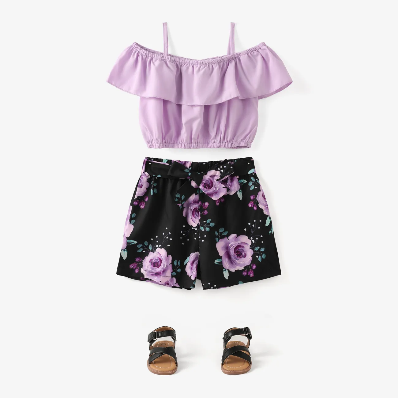 2pcs Kid Girl Flounce Camisole and Floral Print Belted Shorts Set Purple big image 1