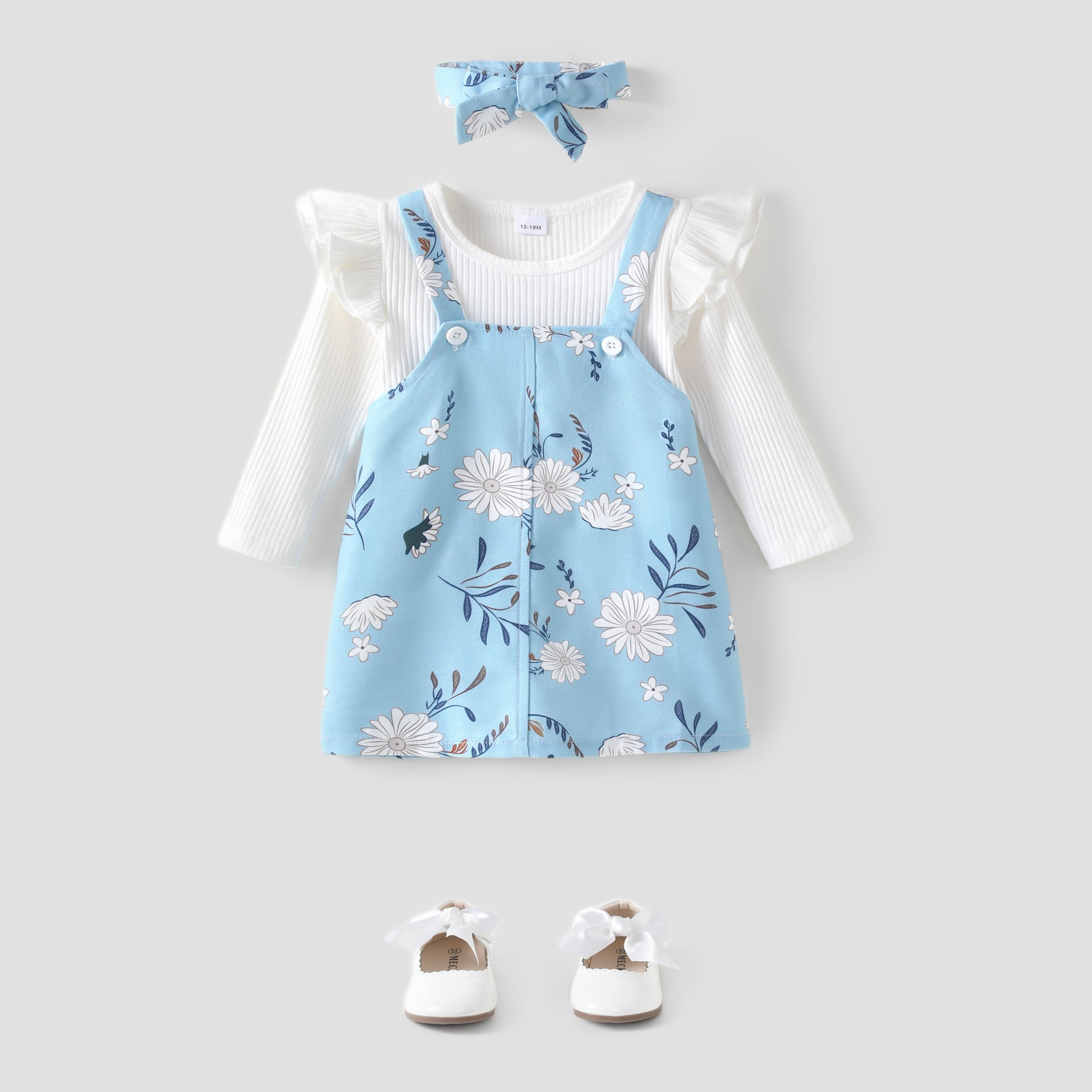 3pcs Baby Girl Solid Rib Knit Ruffle Trim Long-sleeve Top And Floral Print Overall Dress With Headband Set