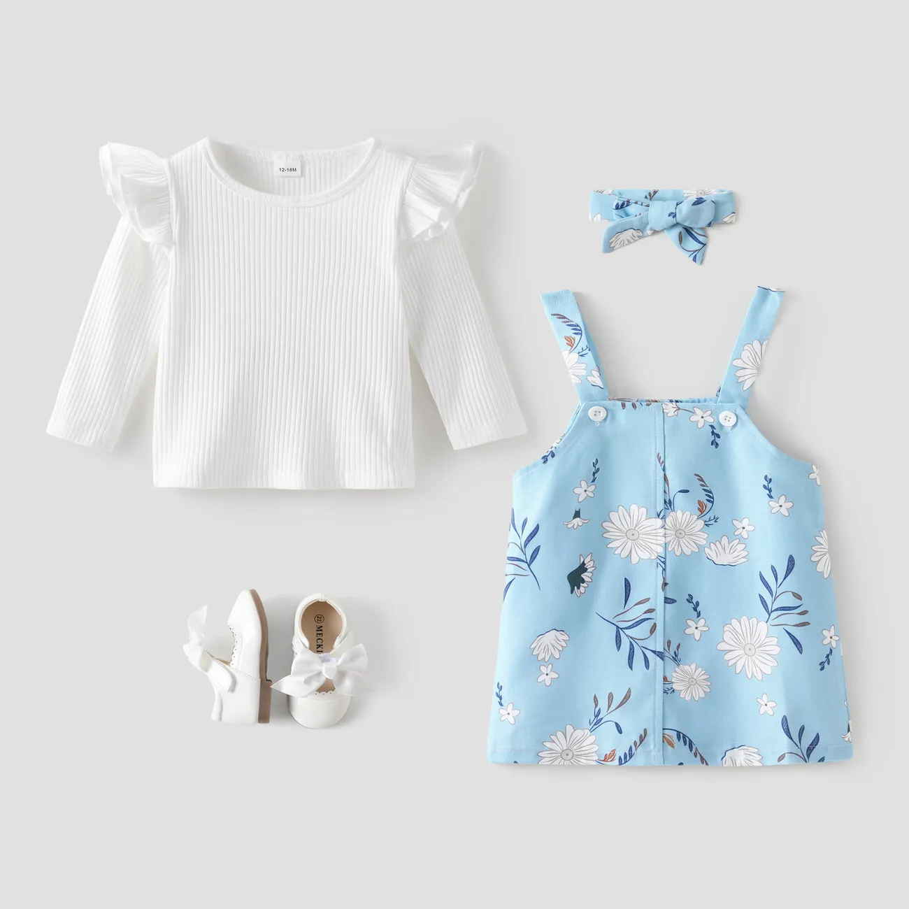 3pcs Baby Girl Solid Rib Knit Ruffle Trim Long-sleeve Top and Floral Print Overall Dress with Headband Set White big image 1