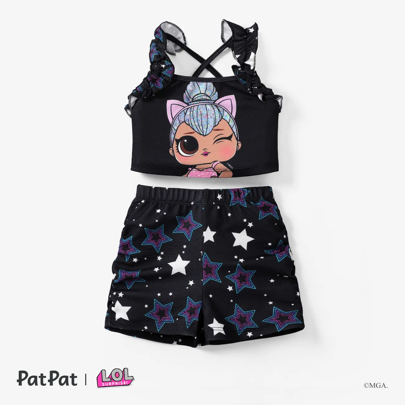 L.O.L. SURPRISE! 2pcs Toddler/Kids Girls Character Print Ruffle Halter Cropped Top with Shorts Set Black big image 1