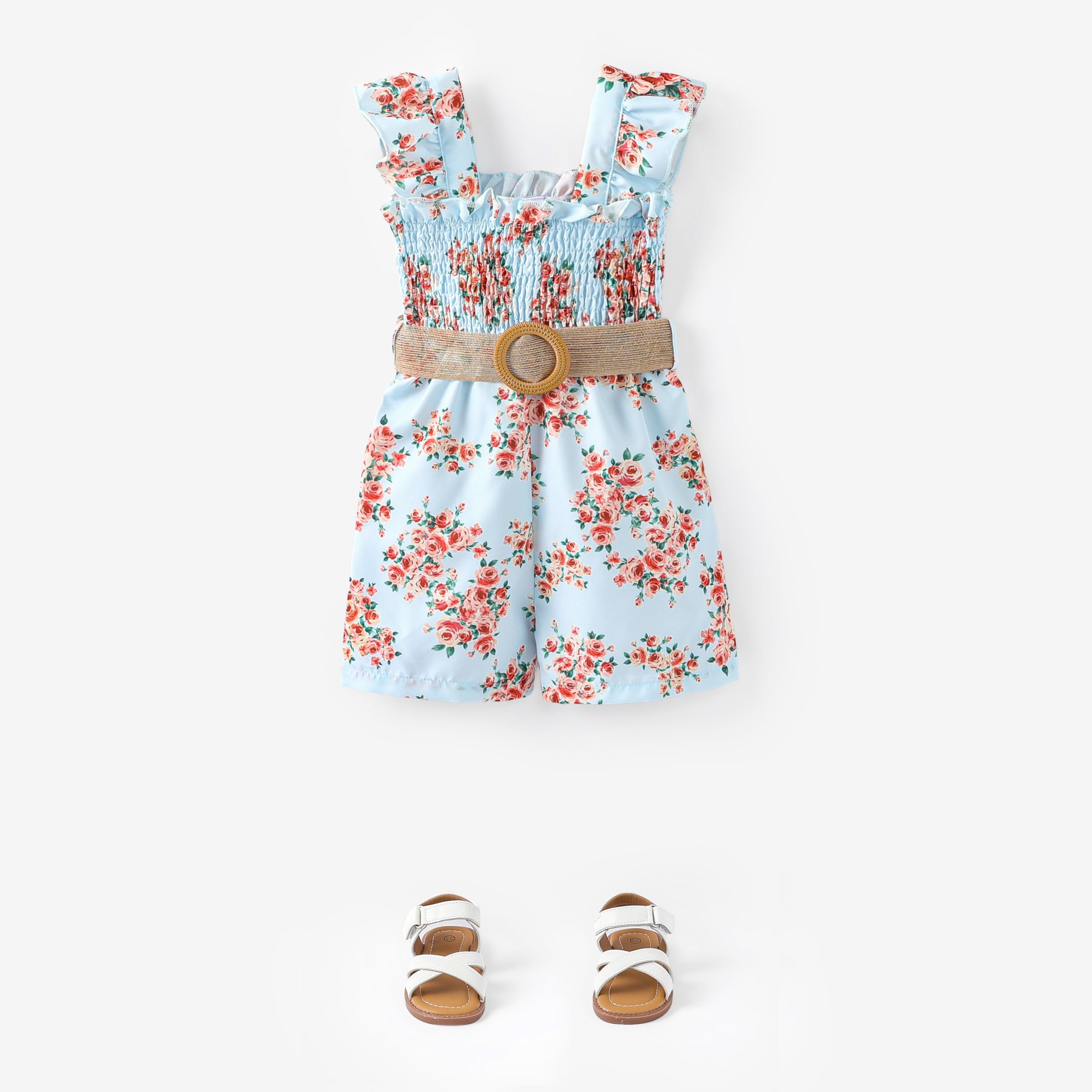 Toddler Girl 2pcs Sweet Floral Print Jumpsuit With Belt/ Sandals