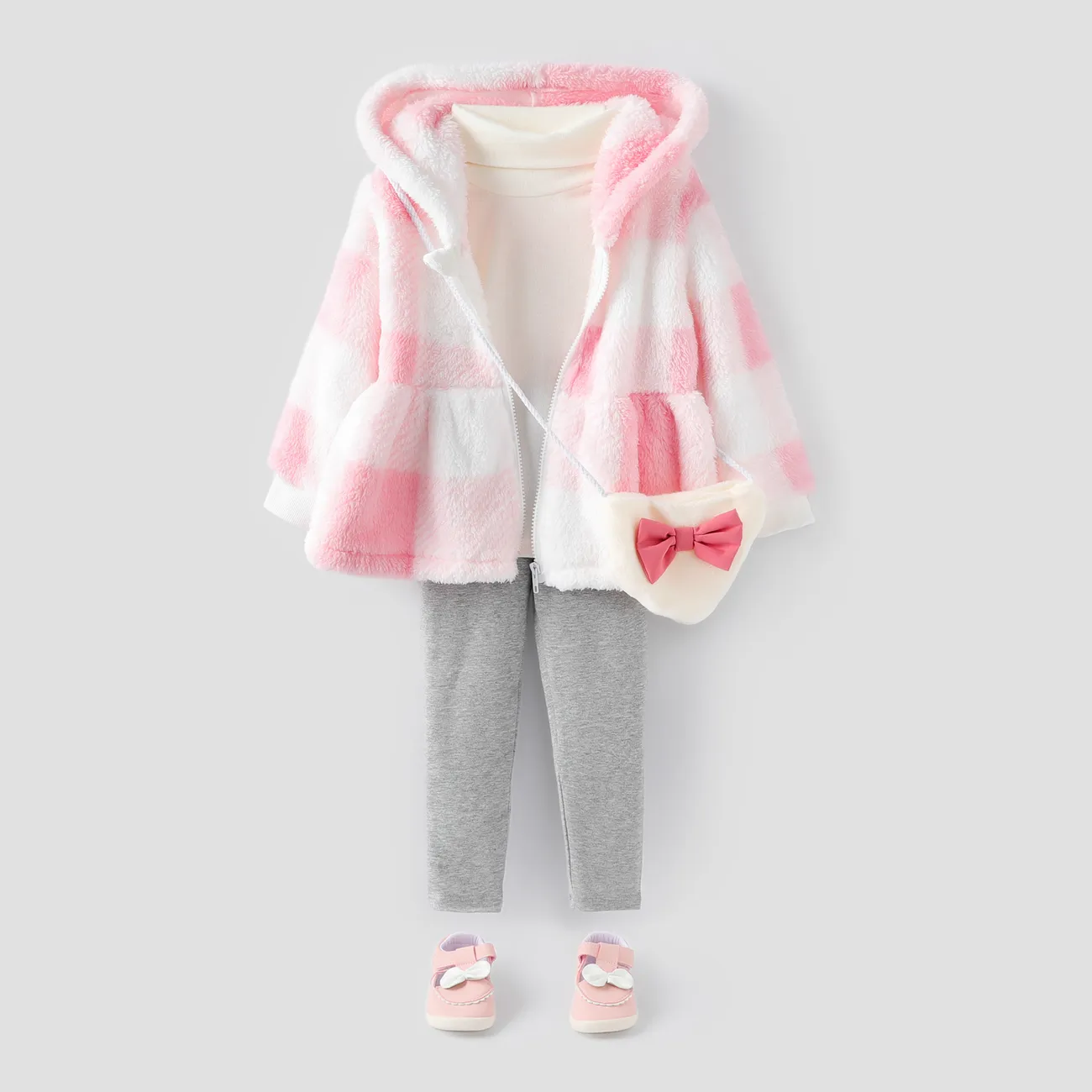   2PCS Toddler Girl Sweet Hooded Grid Top/Jacket  Pink big image 1