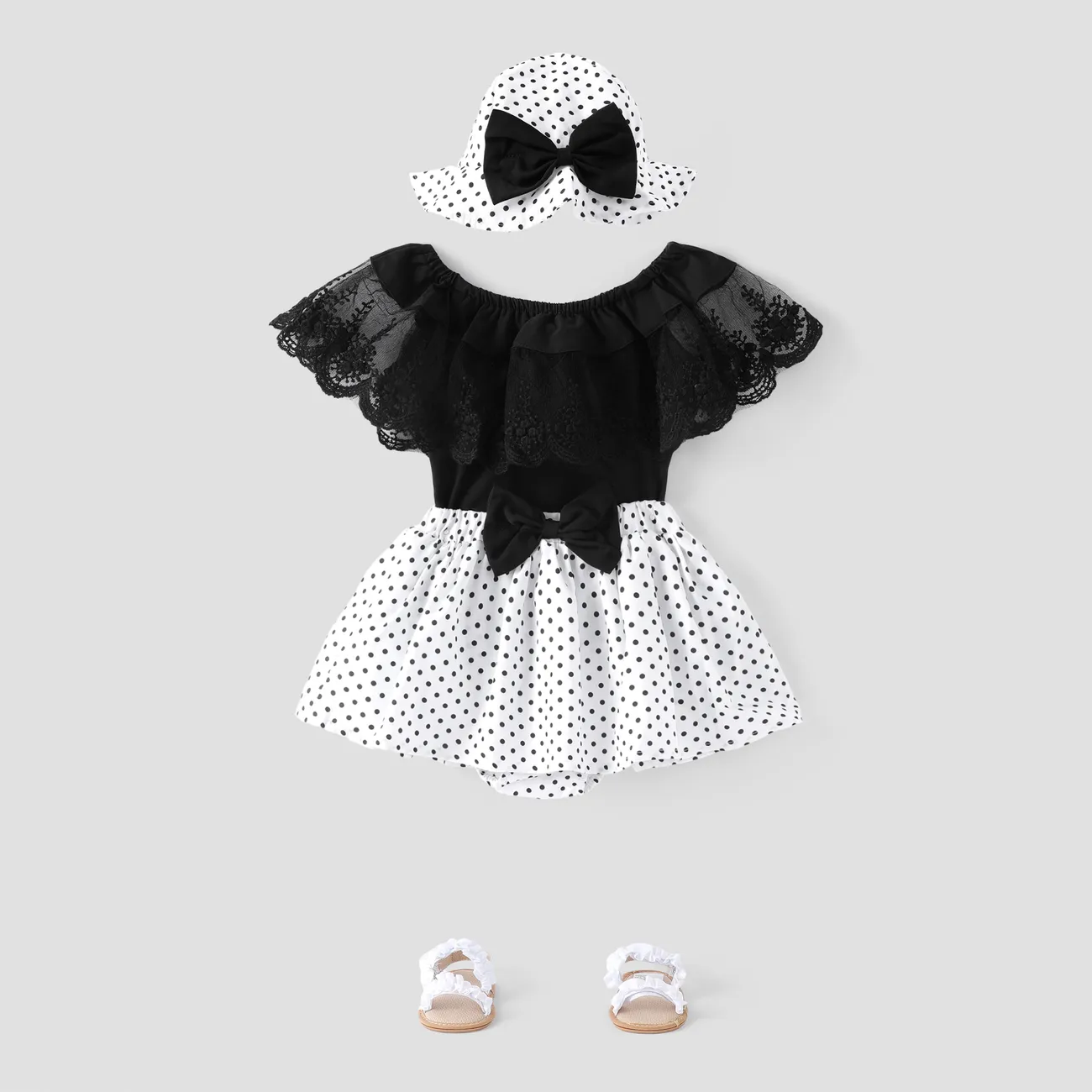 3pcs Baby Girl Lace Top and Allover Polka Dots Bow Decor Skirt and Hat Set Black big image 1