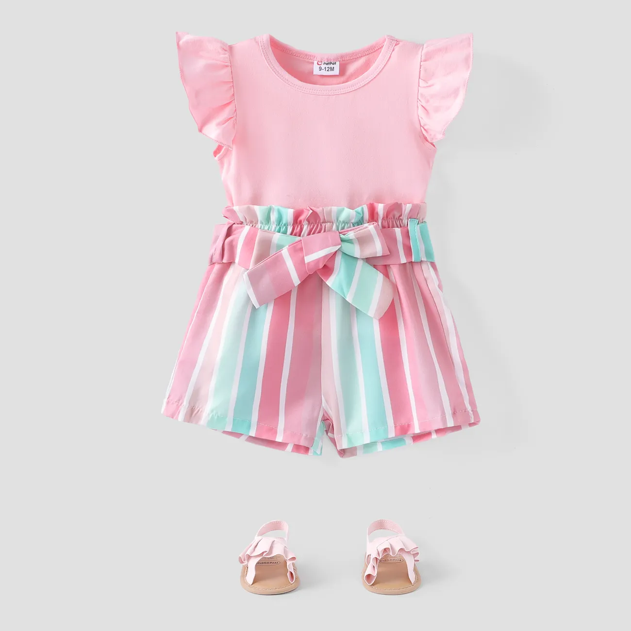 3件 嬰兒 女 喇叭袖 甜美 短袖 嬰兒套裝 粉色 big image 1
