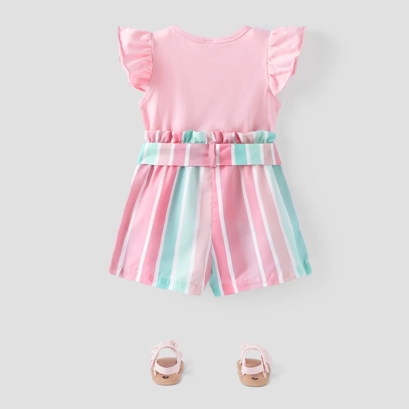 2pcs Baby Girl Solid 95% Cotton Flutter-sleeve Tee and Striped Belted Shorts Set Pink big image 1