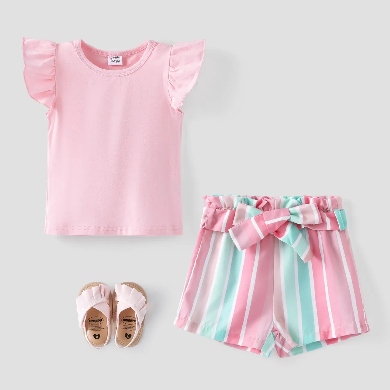 2pcs Baby Girl Solid 95% Cotton Flutter-sleeve Tee and Striped Belted Shorts Set Pink big image 1
