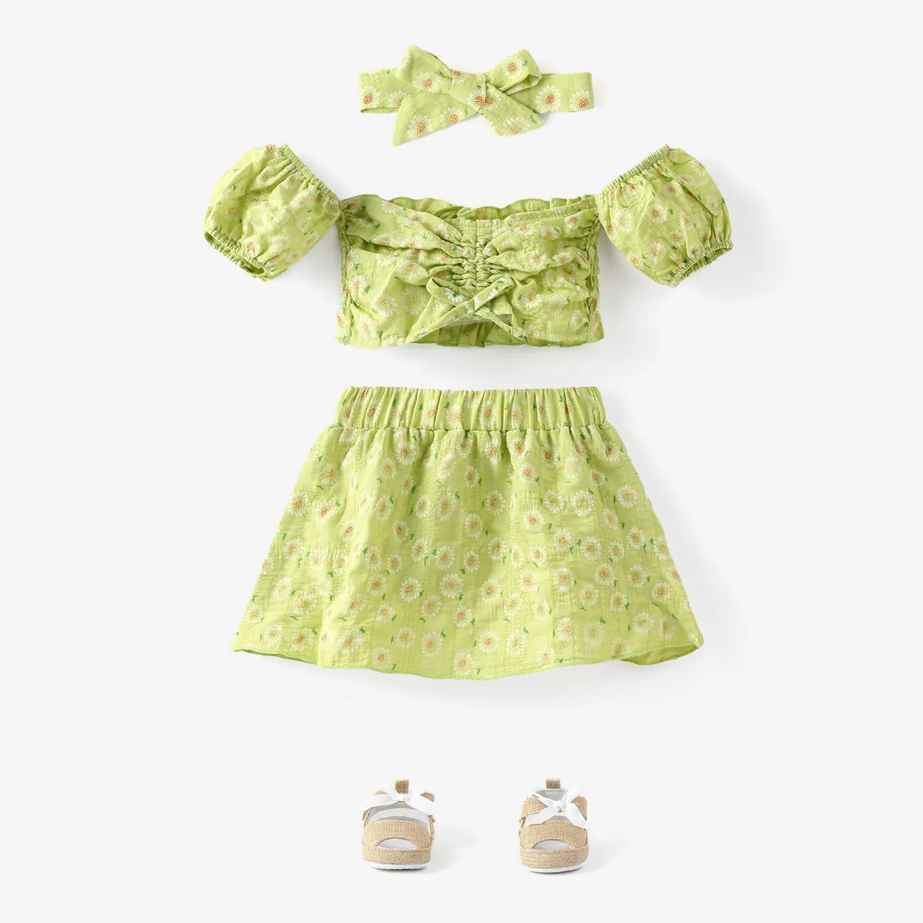 3pcs Baby Girl Green Floral Print Off Shoulder Strapless Puff-sleeve Crop Top and Skirt with Headband Set Green big image 1