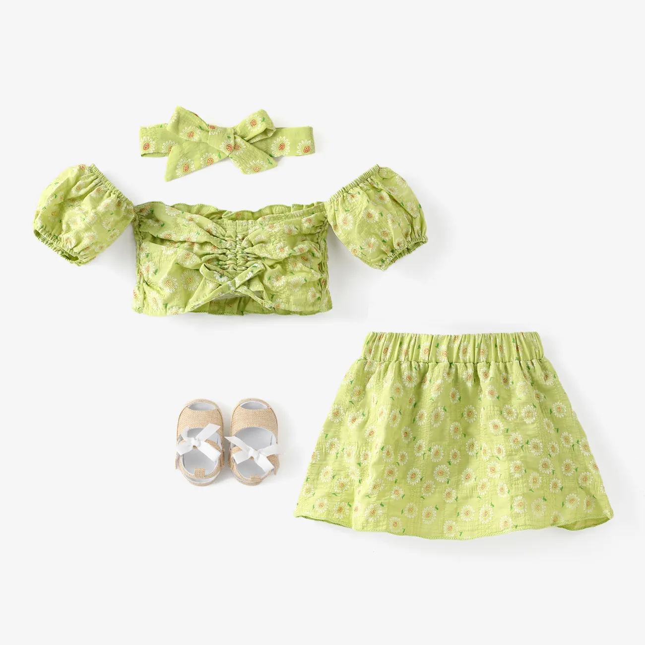 3 pièces Bébé Cordon de serrage Petite Marguerite Tendance Manches courtes Costume jupe Vert big image 1