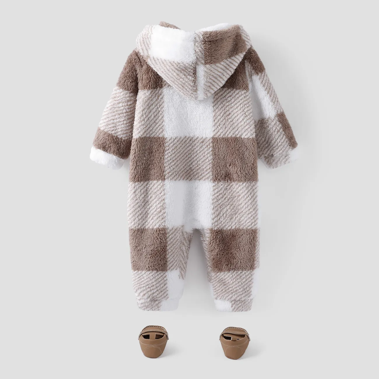 Baby Boy/Girl Casual Grid Pattern Hooded Loose Jumpsuit Brown big image 1