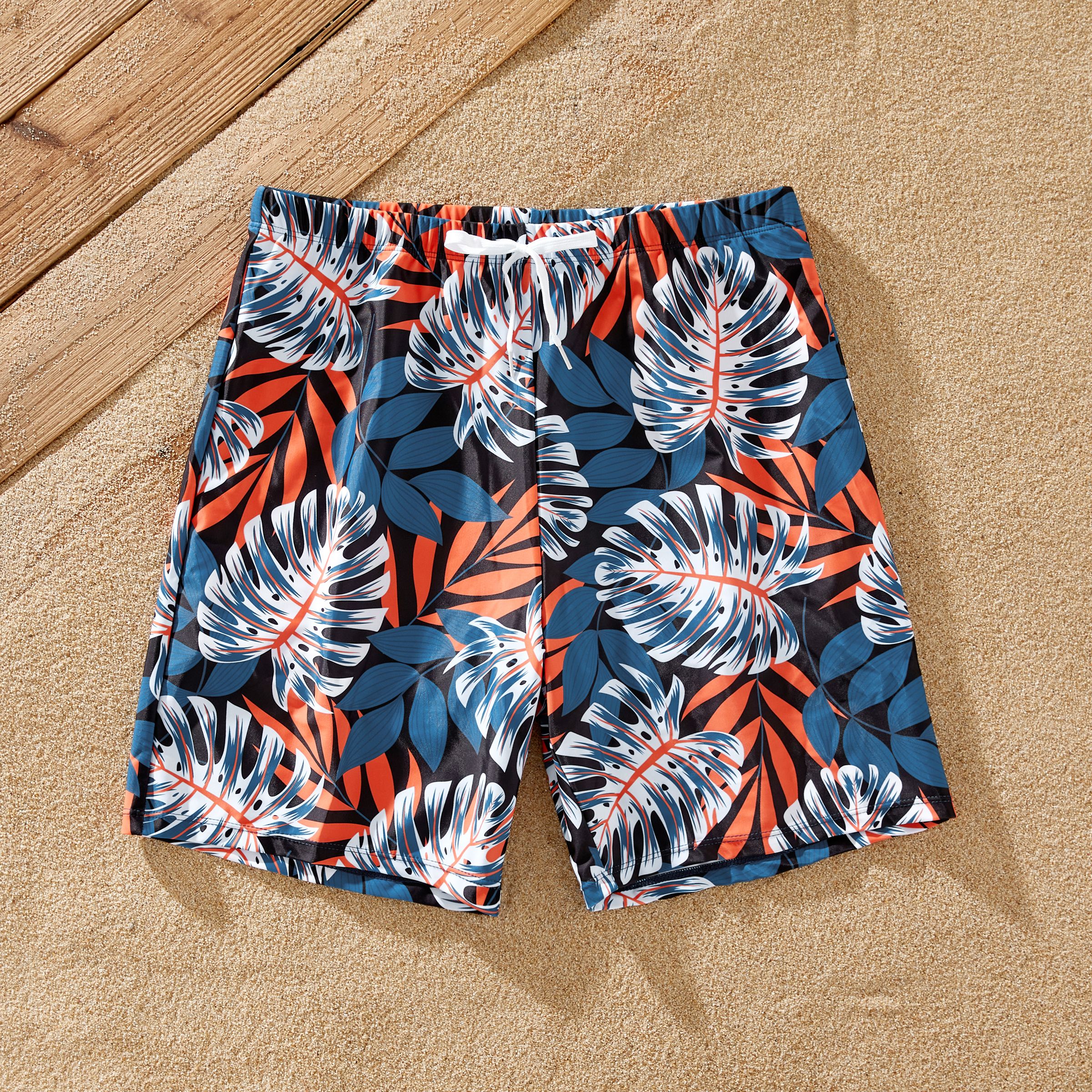 

Family Matching Solid Splicing Palm Leaf Print Spaghetti Strap One-Piece Swimsuit and Swim Trunks Shorts