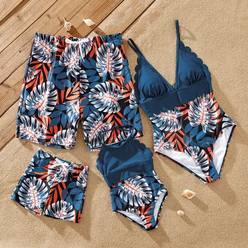 Family Matching Solid Splicing Palm Leaf Print Spaghetti Strap One-Piece Swimsuit and Swim Trunks Shorts