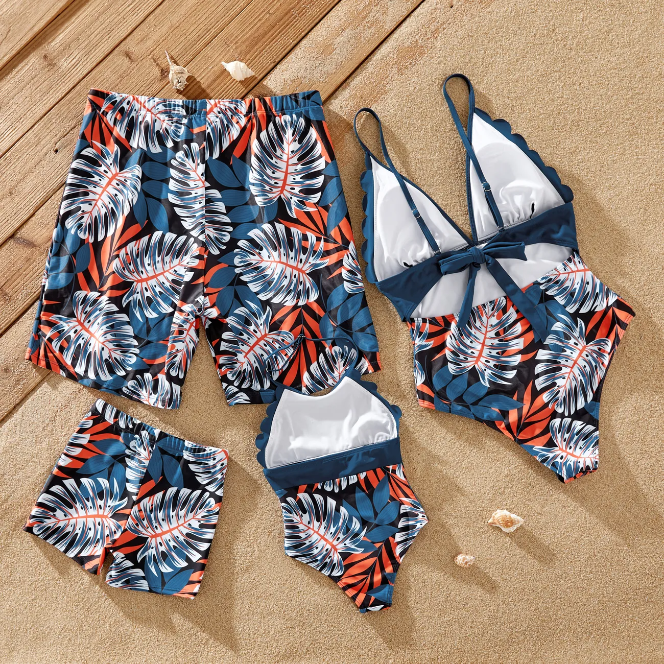 Family Matching Solid Splicing Palm Leaf Print Spaghetti Strap One-Piece Swimsuit and Swim Trunks Shorts Blue big image 1