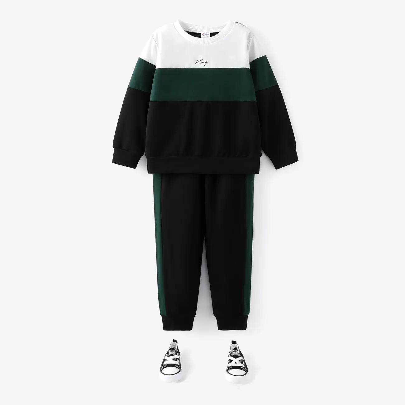 2pcs Kid Boy Colorblock Letters Graphic Long-sleeve Sweatshirt and Drawstring Pants Set Green big image 1