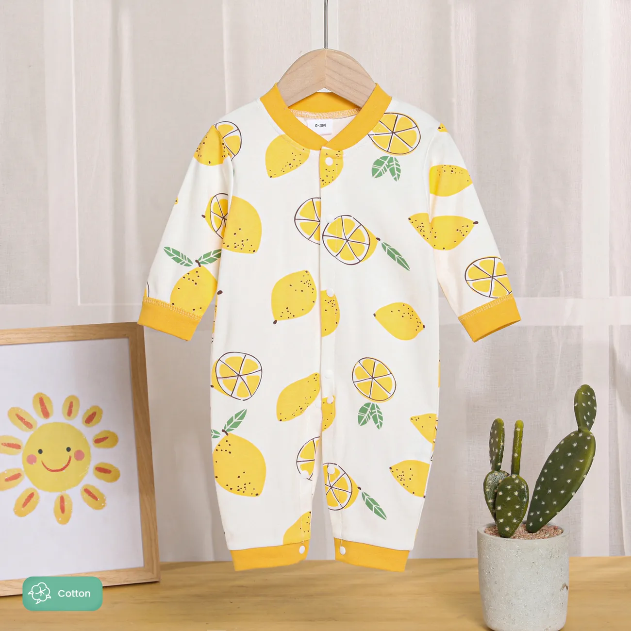  Baby Boy/Girl Childlike 100% Cotton Long-Sleeved Onesie with Secret Avocado Button Jumpsuit Yellow big image 1