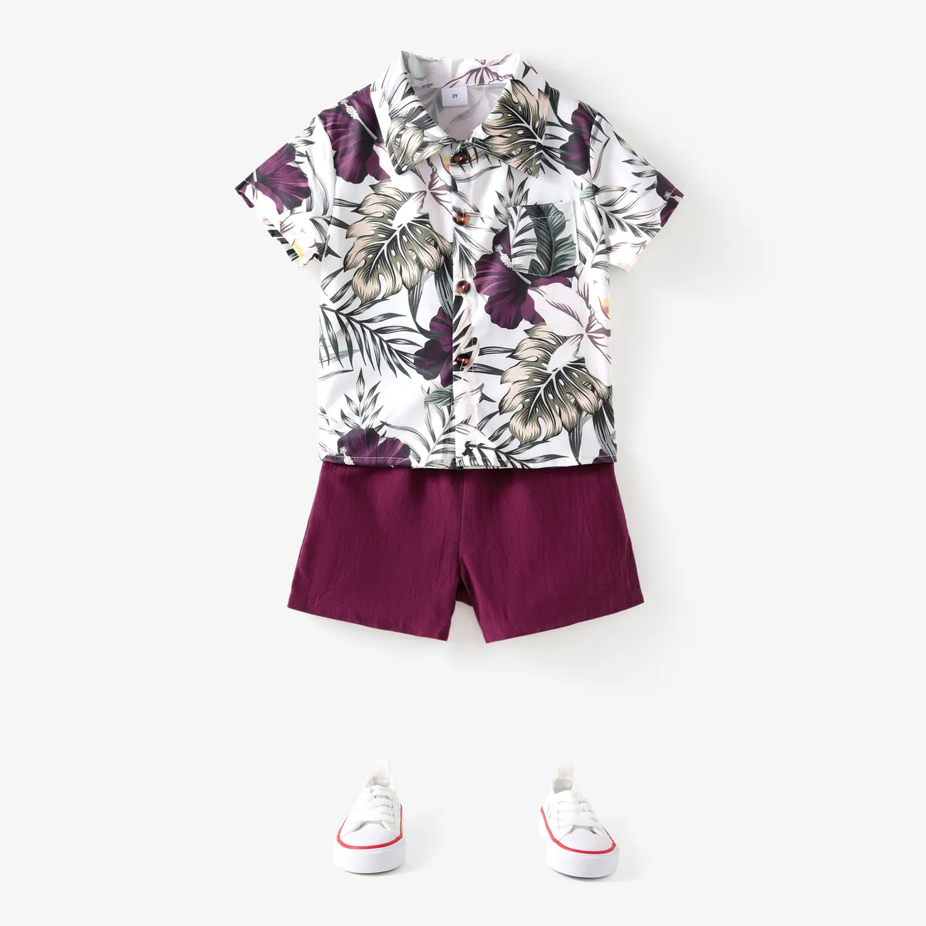 2 Stück Kleinkinder Jungen Revers Boho-Stil Tropische Pflanzen und Blumen Hemd-Sets Burgundy big image 1