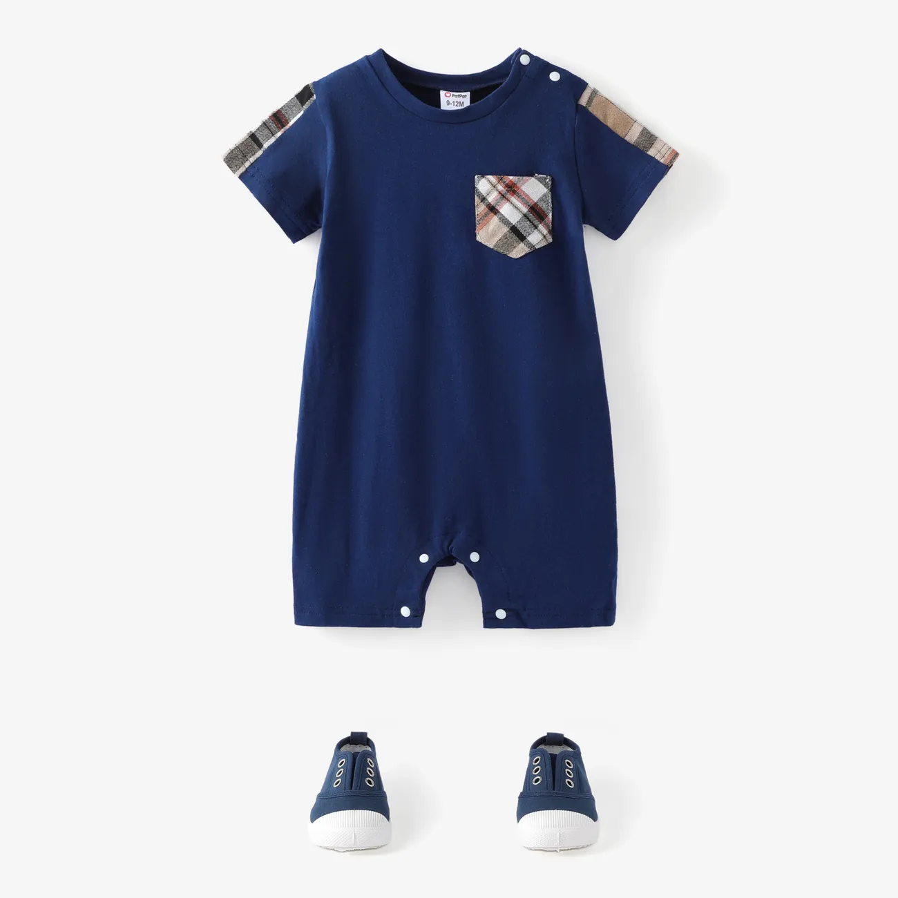 Baby Boy 95% Cotton Plaid Spliced Short-sleeve Romper Blue big image 1