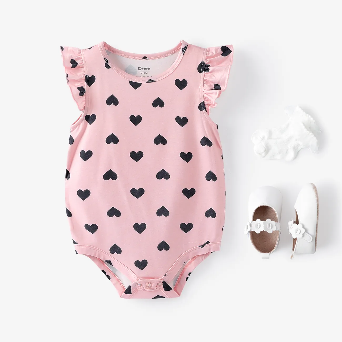 Muttertag Baby Girl Naia™ Heart Print Flutter-Sleeve Strampler rosa big image 1