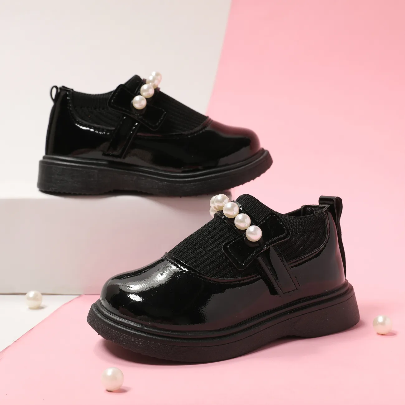 Toddler/Kids Girl Casual Velcro Pearl Leather Shoes Black big image 1