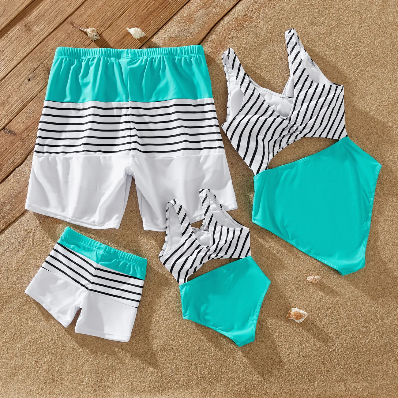 Family Matching Striped Spliced Cut Out One-piece Swimsuit and Colorblock Swim Trunks Green/White big image 1