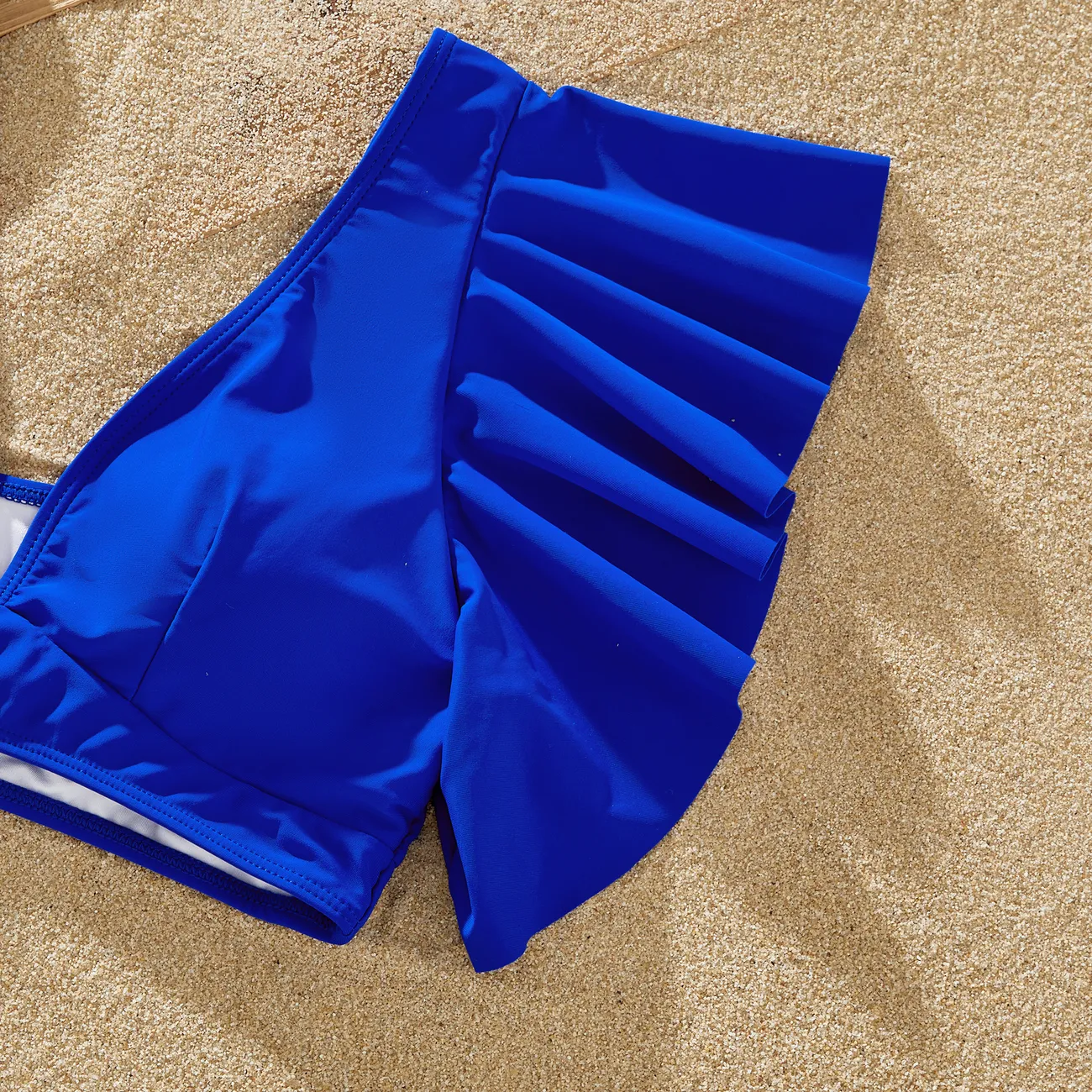 ملابس السباحة إطلالة العائلة للجنسين كم فضفاض بكشكشة لون سادة أزرق big image 1