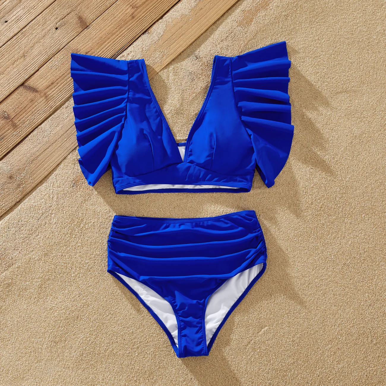 Family Matching Blue Ruffle Trim Two-piece Swimsuit and Letter Print Swim Trunks Blue big image 1