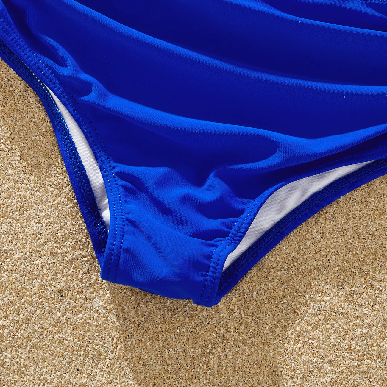 ملابس السباحة إطلالة العائلة للجنسين كم فضفاض بكشكشة لون سادة أزرق big image 1