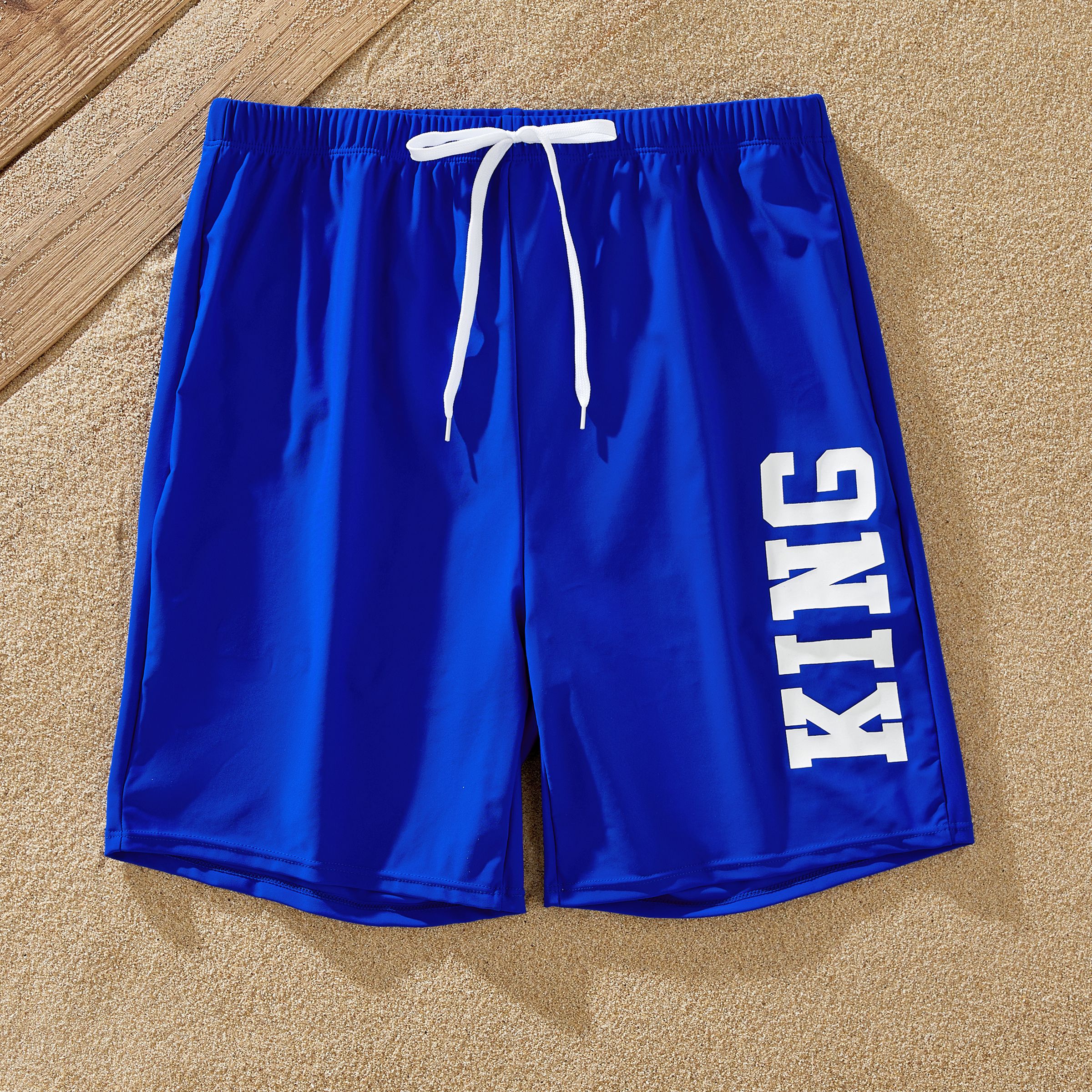 Family Matching Blue Ruffle Trim Two-piece Swimsuit and Letter Print Swim Trunks