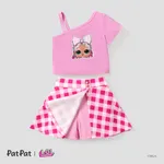 LOL Surprise 2pcs Toddler Girls Character Print Single-shoulder Top with Checker/Sequin Tweed Skirt Set
 Light Pink
