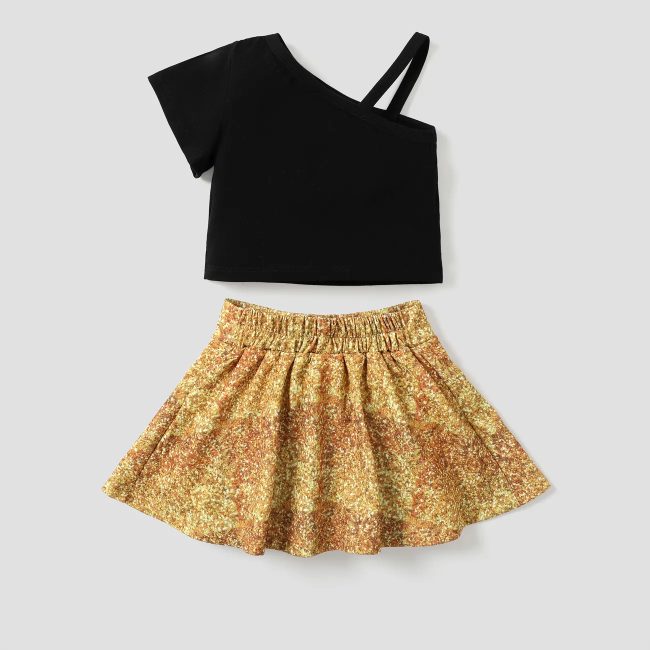 LOL Surprise 2pcs Toddler Girls Character Print Single-shoulder Top with Checker/Sequin Tweed Skirt Set
 Black big image 1