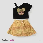 LOL Surprise 2pcs Toddler Girls Character Print Single-shoulder Top with Checker/Sequin Tweed Skirt Set
 Black