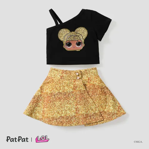 LOL Surprise 2pcs Toddler Girls Character Print Single-shoulder Top with Checker/Sequin Tweed Skirt Set
