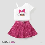LOL Surprise 2pcs Toddler Girls Character Print Single-shoulder Top with Checker/Sequin Tweed Skirt Set
 White