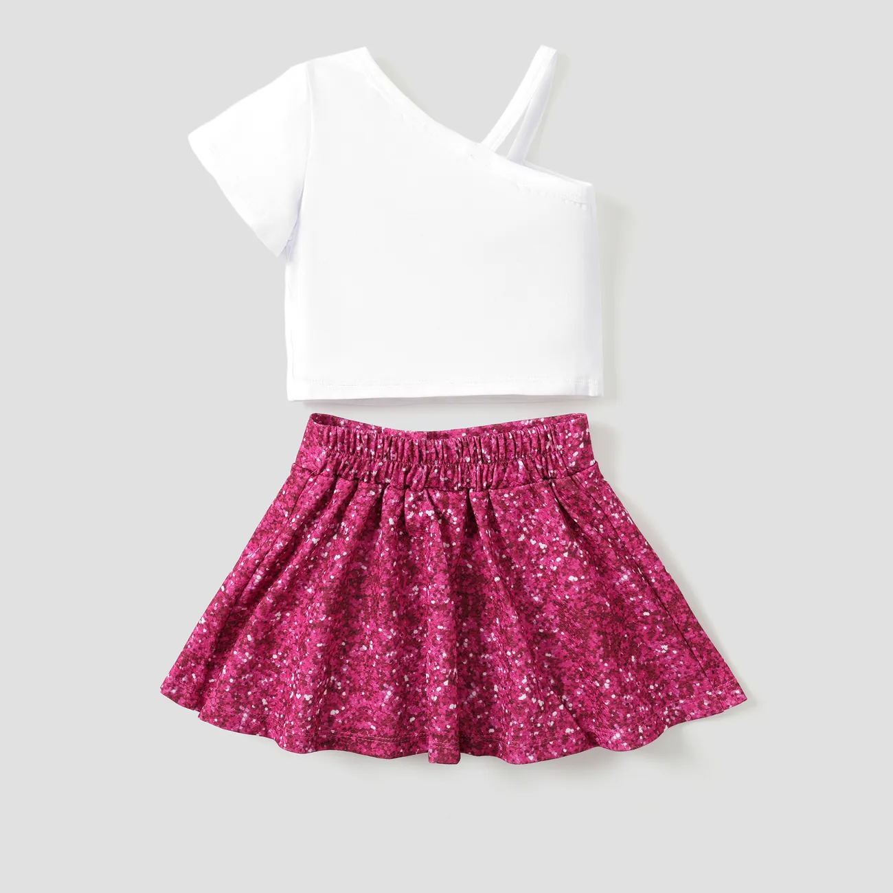 LOL Surprise 2pcs Toddler Girls Character Print Single-shoulder Top with Checker/Sequin Tweed Skirt Set
 White big image 1