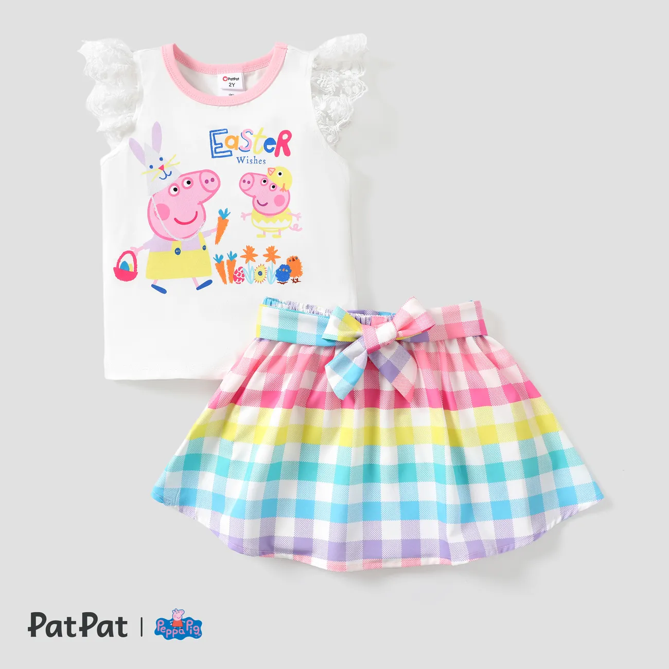Peppa Pig 2pcs Toddler Girl Easter Lace sleeve Tee and Grid pattern Skirt
 Multi-color big image 1