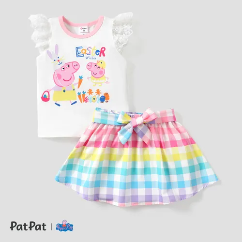 Peppa Pig 2pcs Toddler Girl Easter Lace sleeve Tee and Grid pattern Skirt
