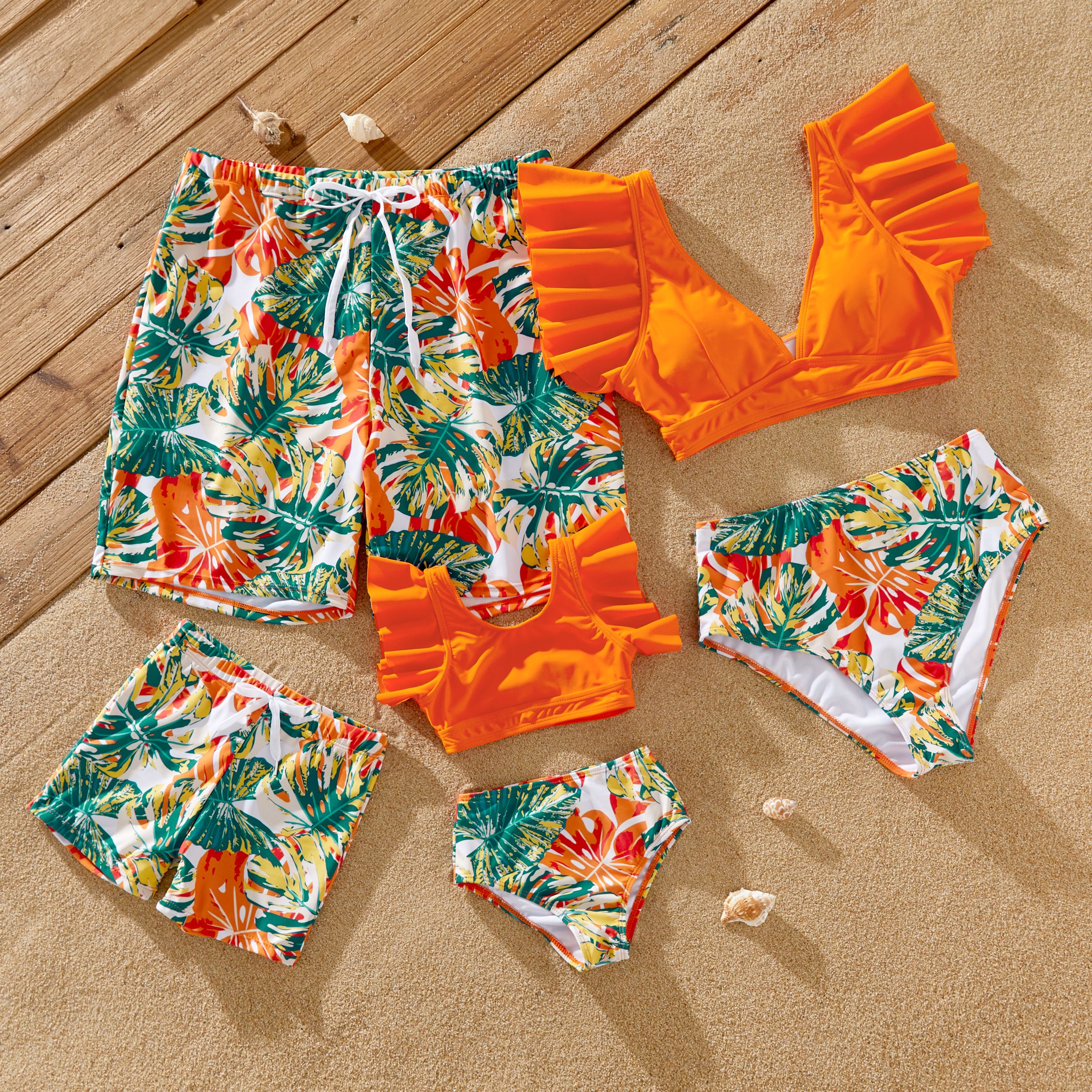 Family Matching All Over Tropical Plants Print Swim Trunks Shorts and Spaghetti Strap Ruffle Two-Piece Bikini Set Swimsuit