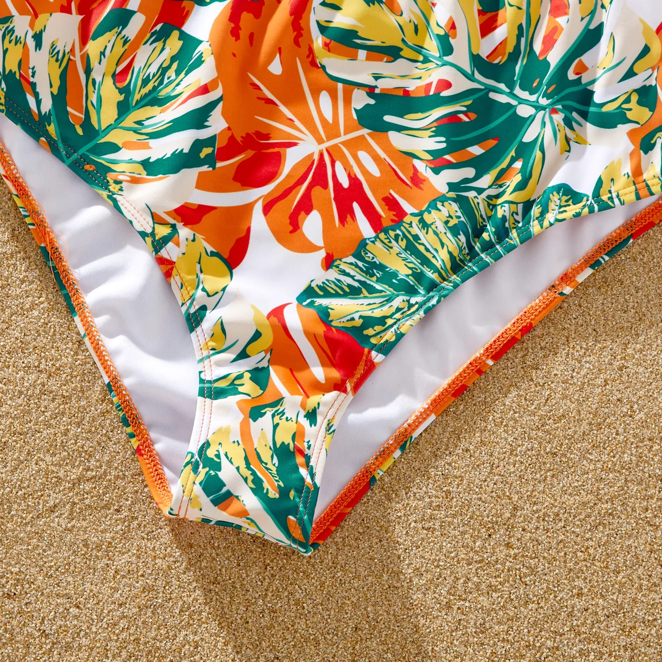 Family Matching Tropical Plant Print Ruffle-sleeve Top & Shorts Swimsuit Orange color big image 1