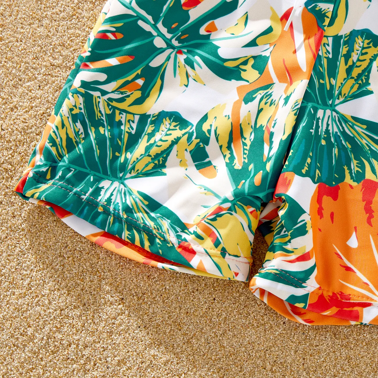 Family Matching Tropical Plant Print Ruffle-sleeve Top & Shorts Swimsuit Orange color big image 1