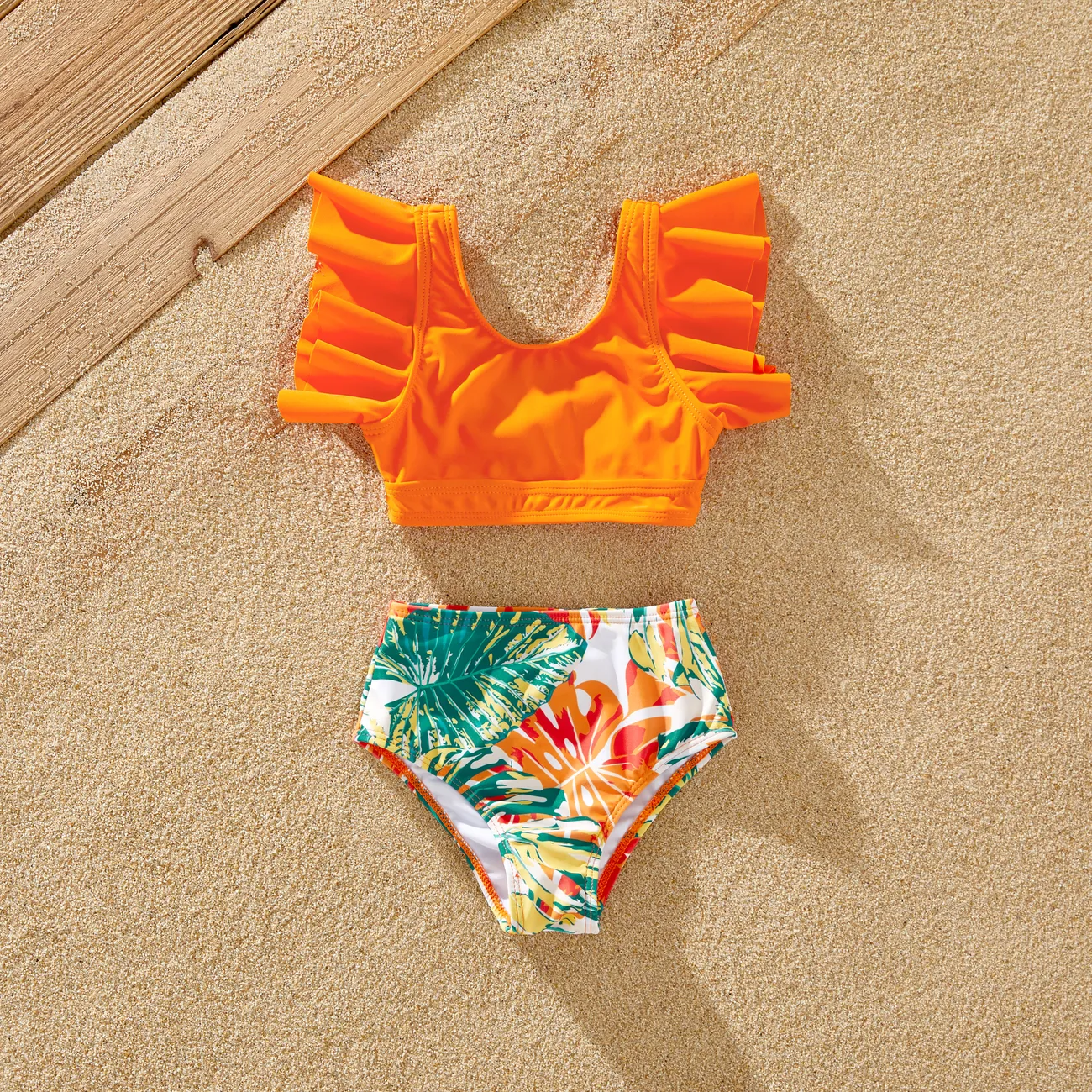 ملابس السباحة إطلالة العائلة للجنسين حافة كشكشة النباتات والزهور البرتقالي big image 1