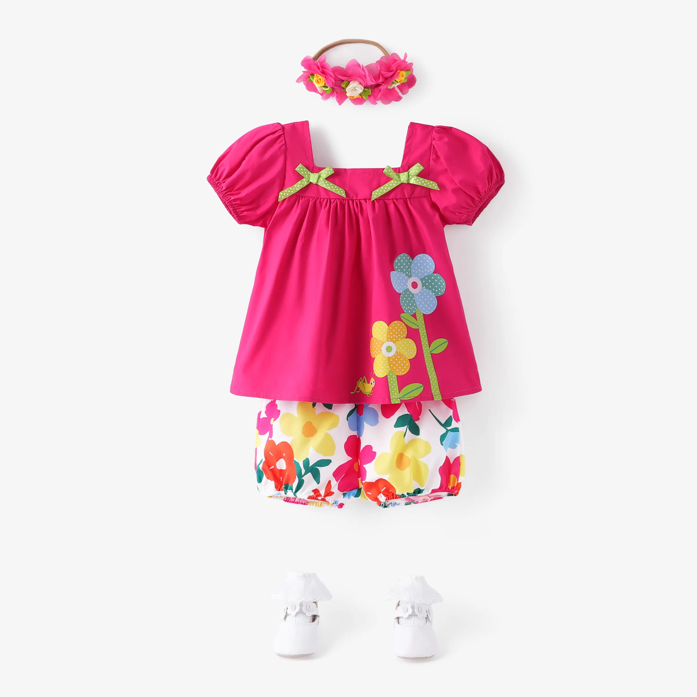 Baby Girl 2pcs Sweet Big Flower Pattern Square Neckline Top And Shorts Set/ Headband/ Socks/ Shoes