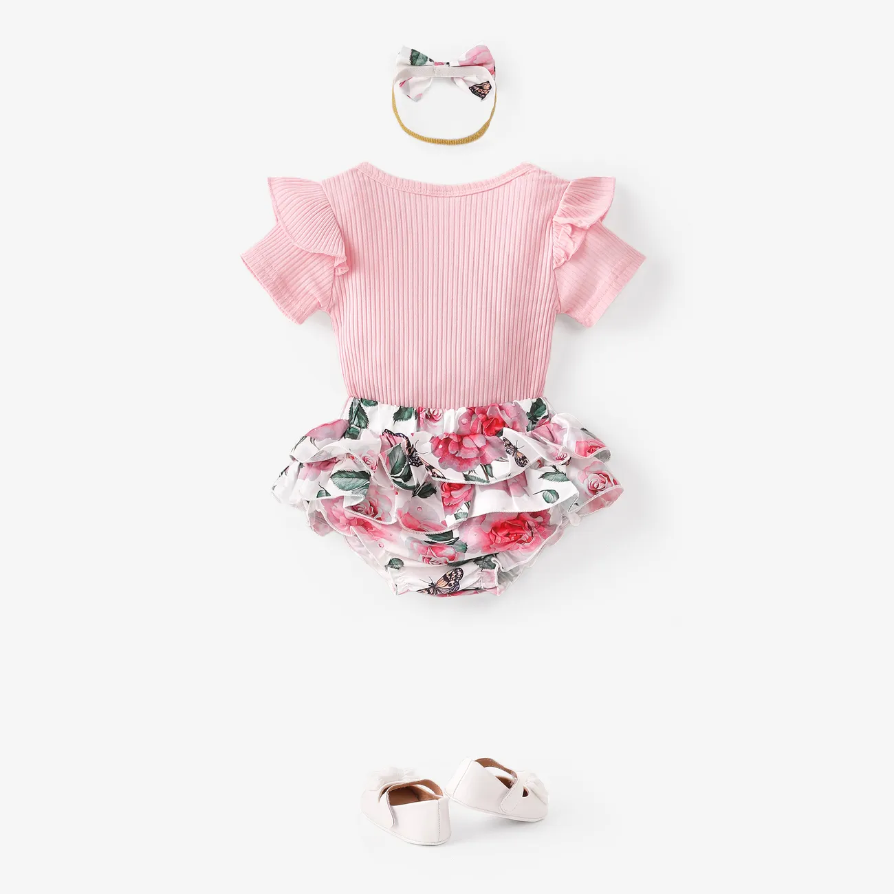 3pcs Baby Girl 95% Cotton Ribbed Ruffle Short-sleeve Letter Embroidery Romper and Floral Print Layered Shorts with Headband Set Pink big image 1