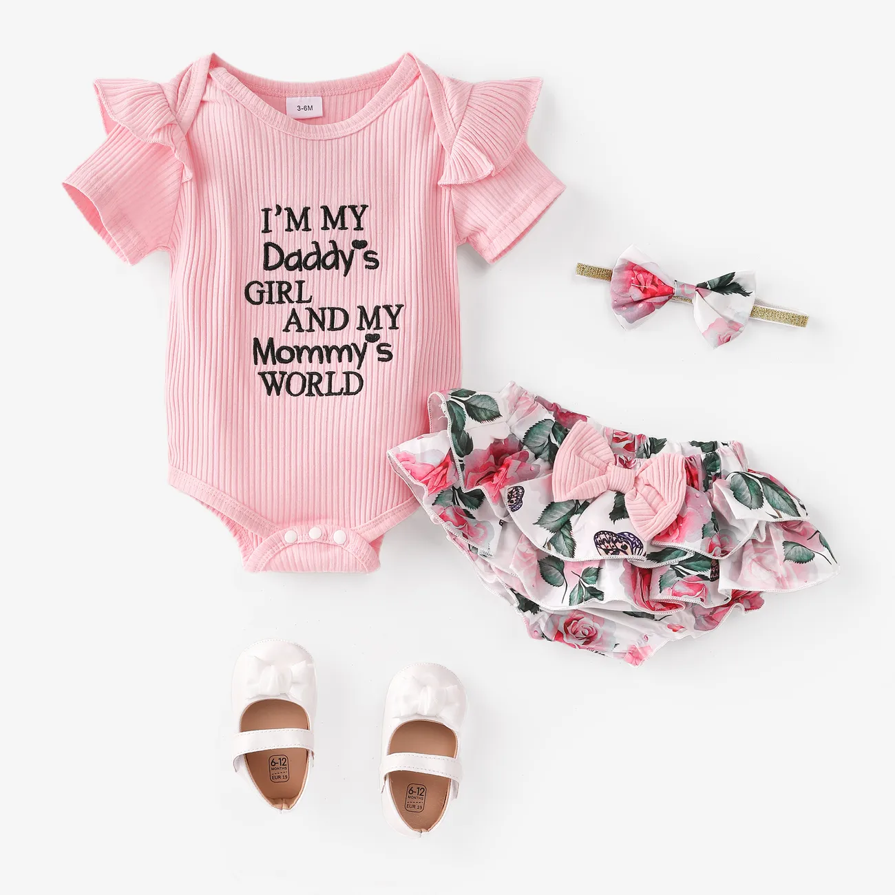 3件 嬰兒 女 荷葉邊 甜美 短袖 嬰兒套裝 粉色 big image 1