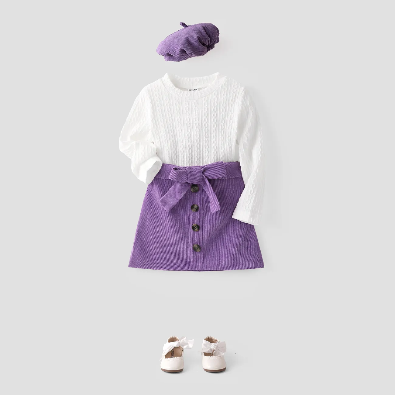 3pcs Toddler Girl Cable Knit Top & Belted Skirt & Hat Set  Purple big image 1