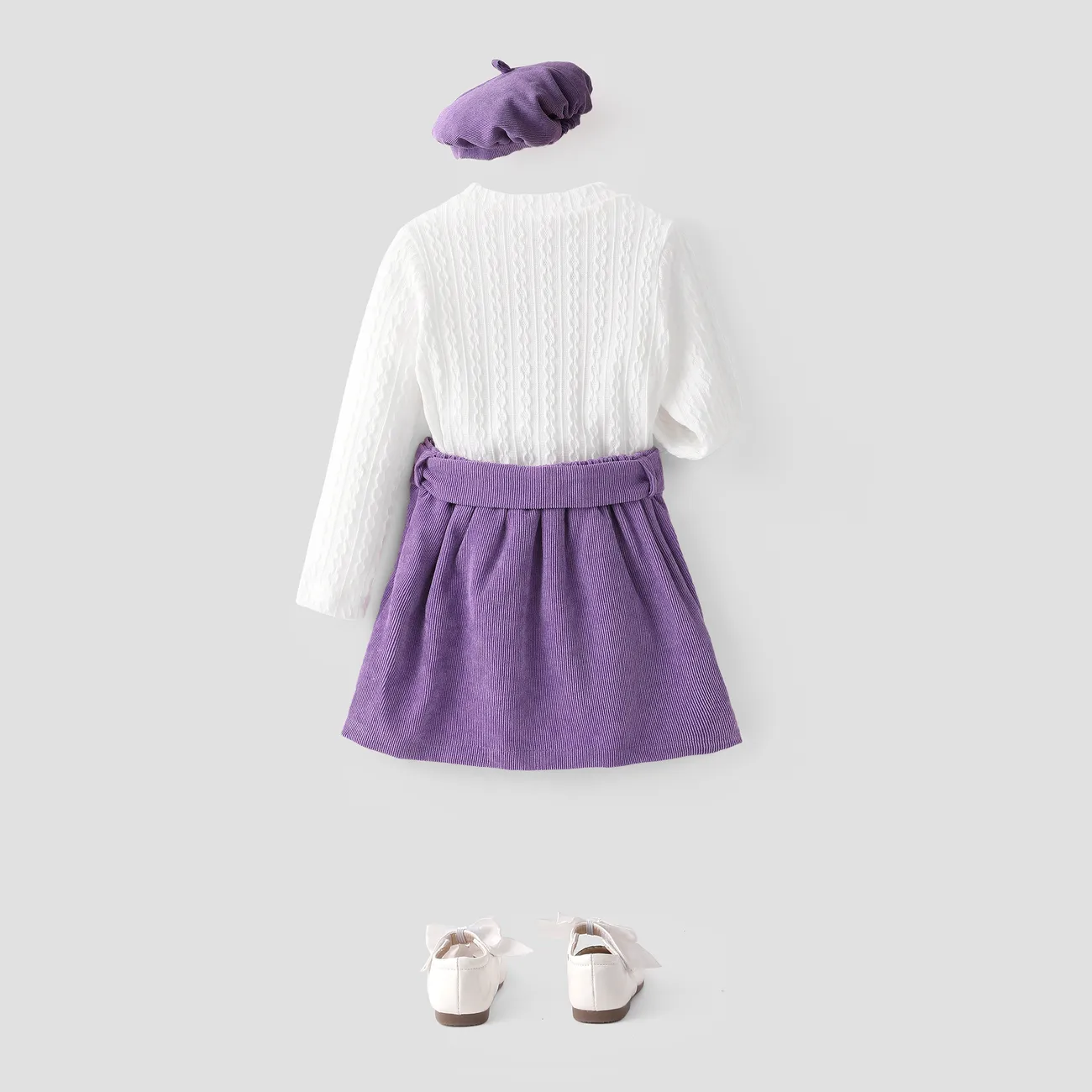 3pcs Toddler Girl Cable Knit Top & Belted Skirt & Hat Set  Purple big image 1