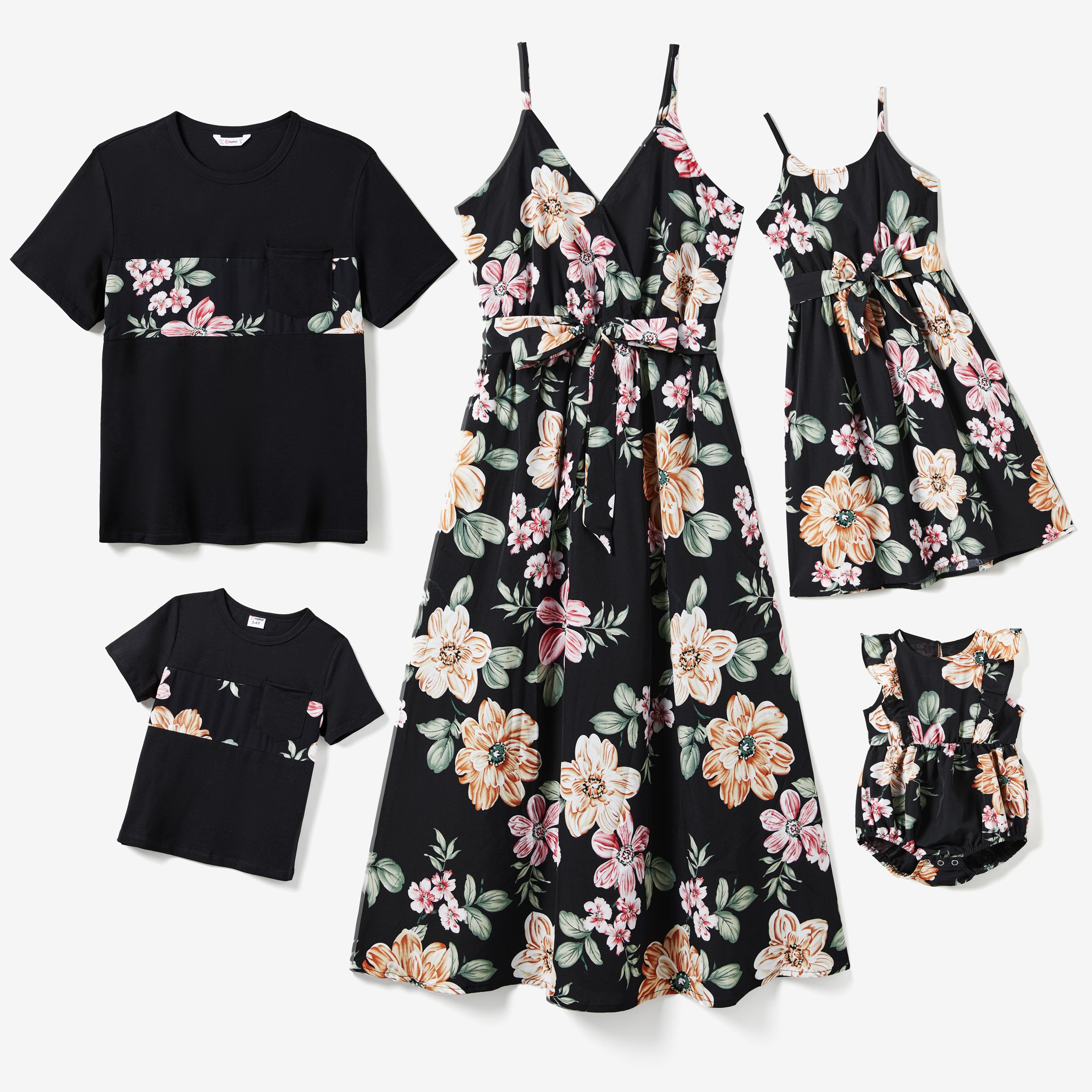 Family Matching Floral Panel T-shirt And Allover Large Floral Strap Dress Sets