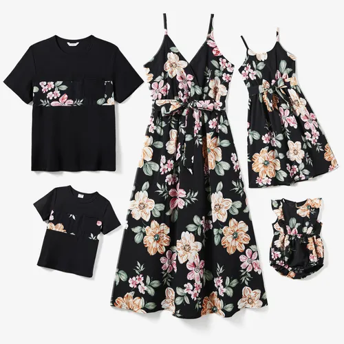 Family Matching Floral Panel T-shirt and Allover Large Floral Strap Dress Sets