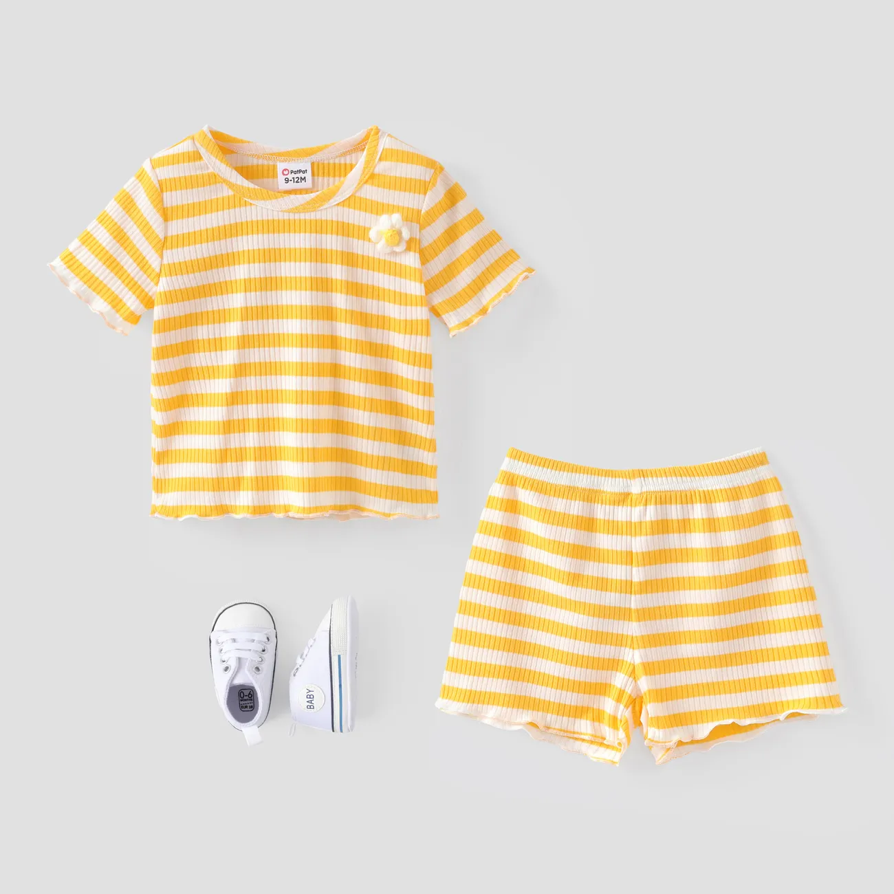 2pcs Baby Girl 3D Flower Design Striped Ribbed Short-sleeve Top and Shorts Set Yellow big image 1