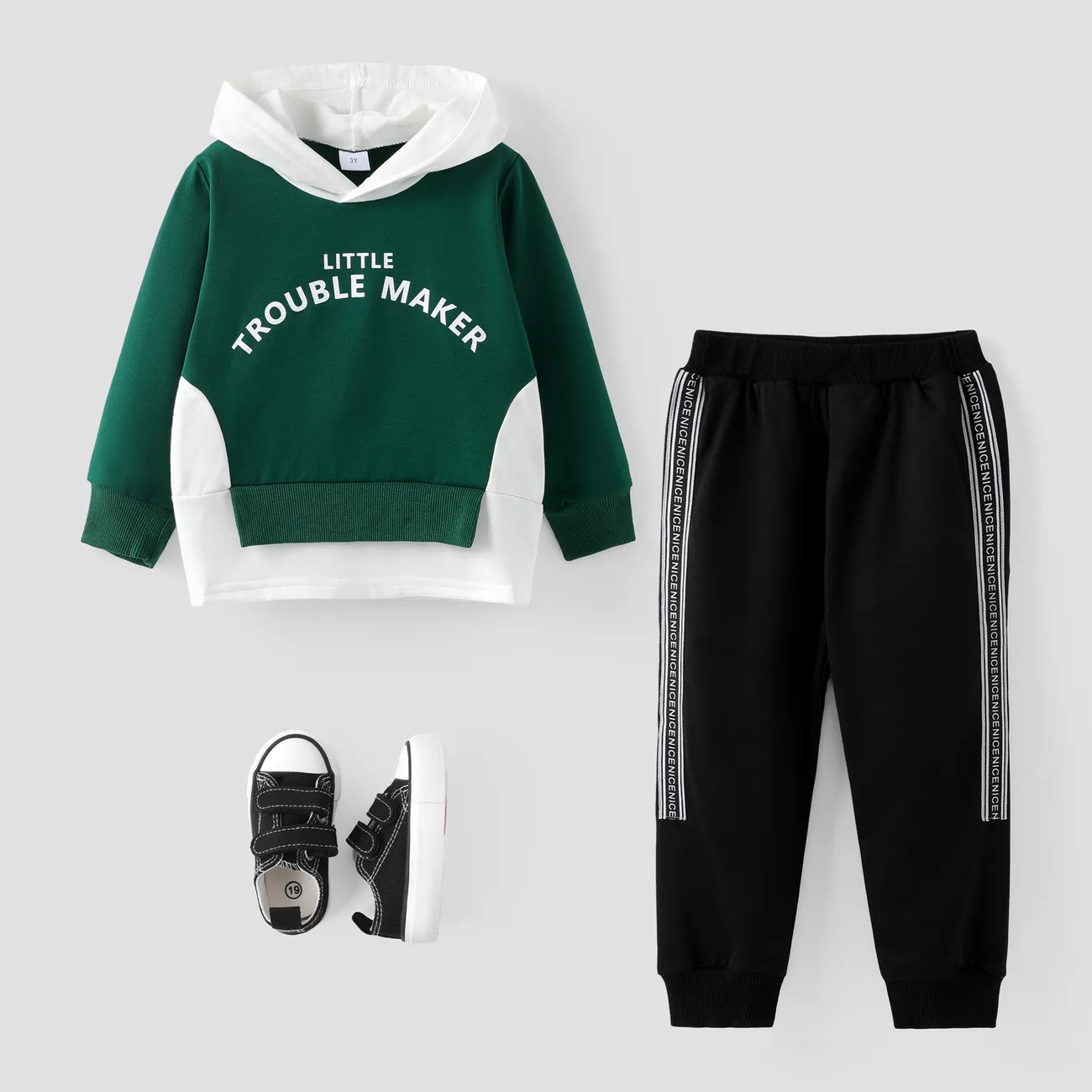 2pcs Toddler Boy Trendy Faux-two Letter Print Hoodie Sweatshirt and Elasticized Pants Set Green big image 1