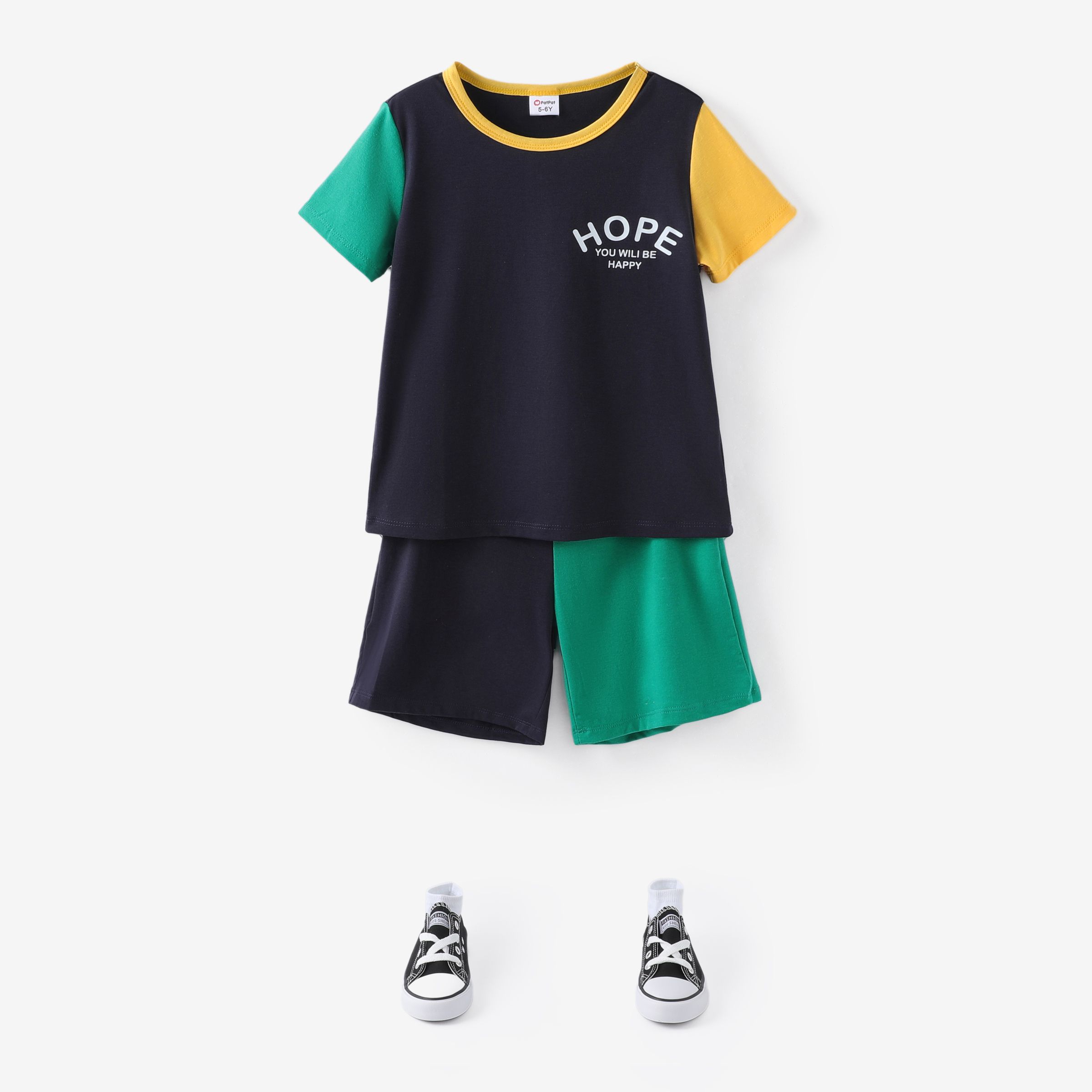 Kid Boy 2pcs Casual Colorblock Letter Print Tee And Shorts Set/ Socks/ Canvas Shoes
