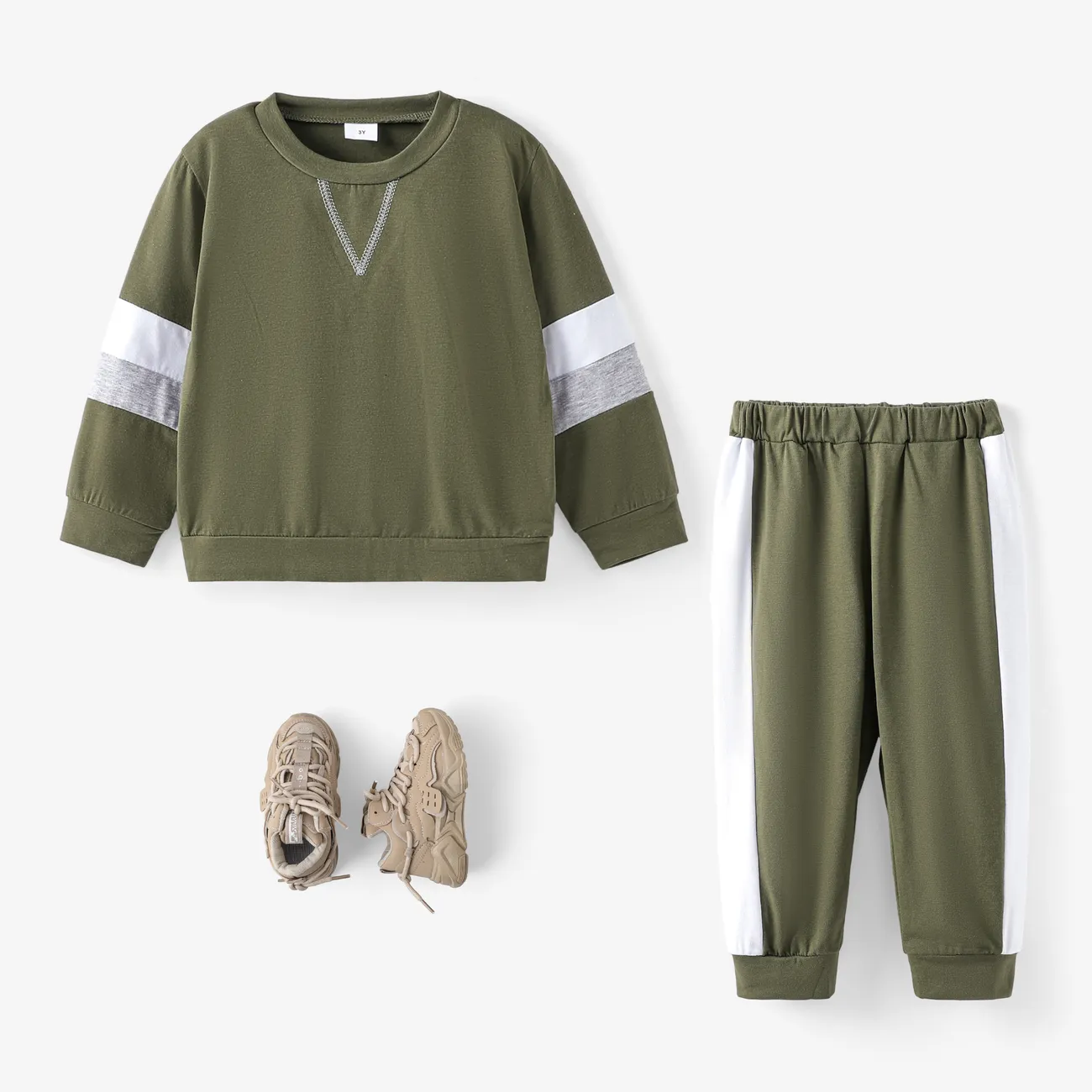 2pcs Toddler Boy Casual Colorblock Army Green Sweatshirt and Pants Set Army green big image 1
